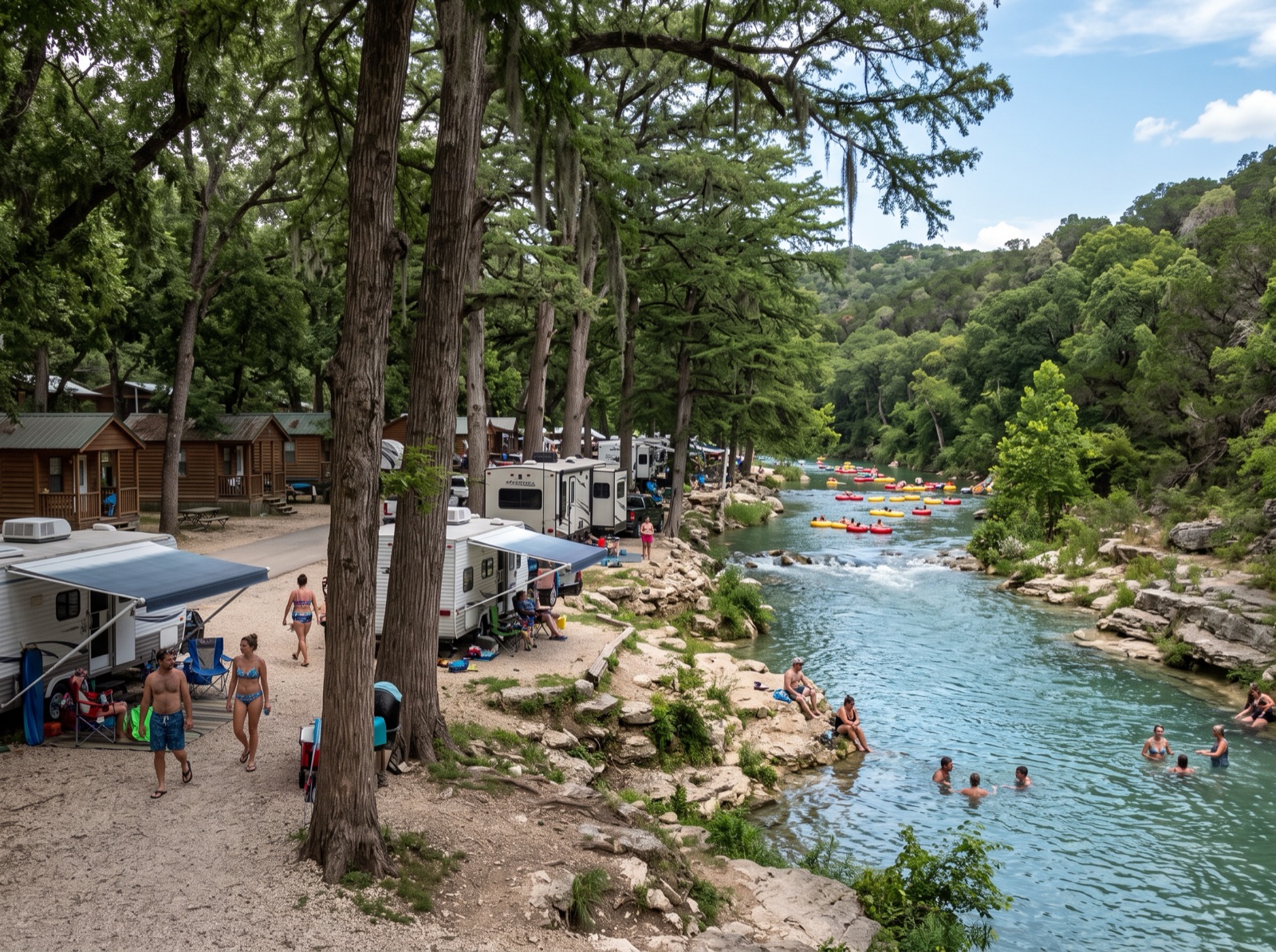 Riverfront cabins and RV sites at Camp Huaco Springs on the Guadalupe River