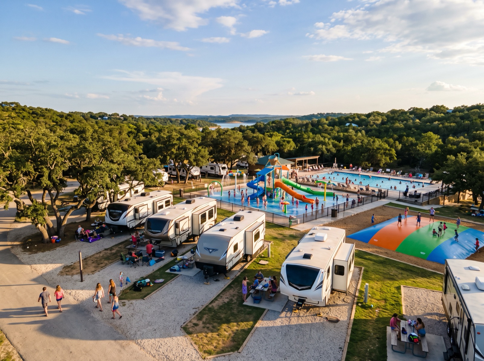 Family RV camp-resort near Canyon Lake with a water playground, pools, and jumping pillow